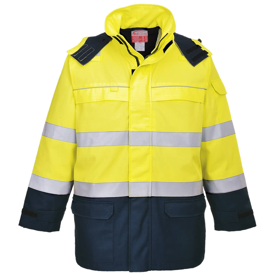 Portwest Bizflame Rain+ Hi-Vis Multi-Norm Constrast FR Jacket in Gelb/Marine – Vorderansicht