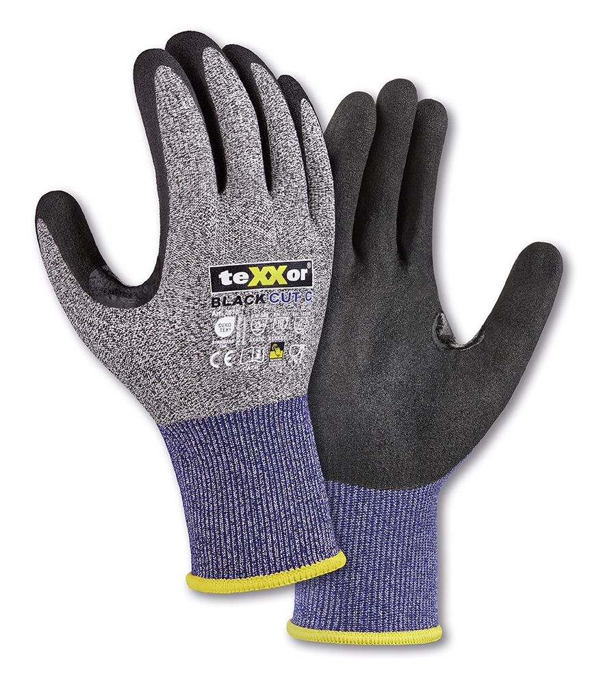 teXXor® Schnittschutz-Strickhandschuhe BLACK CUT® C in Grau-Meliert/Blau/Schwarz – Vorderansicht