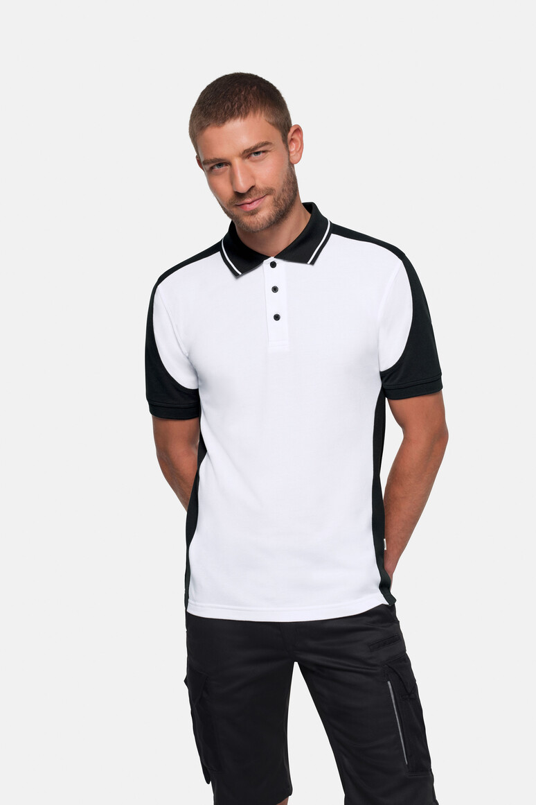 HAKRO 539 Poloshirt Contrast MIKRALINAR® ECO in Weiß/Schwarz – Modellansicht