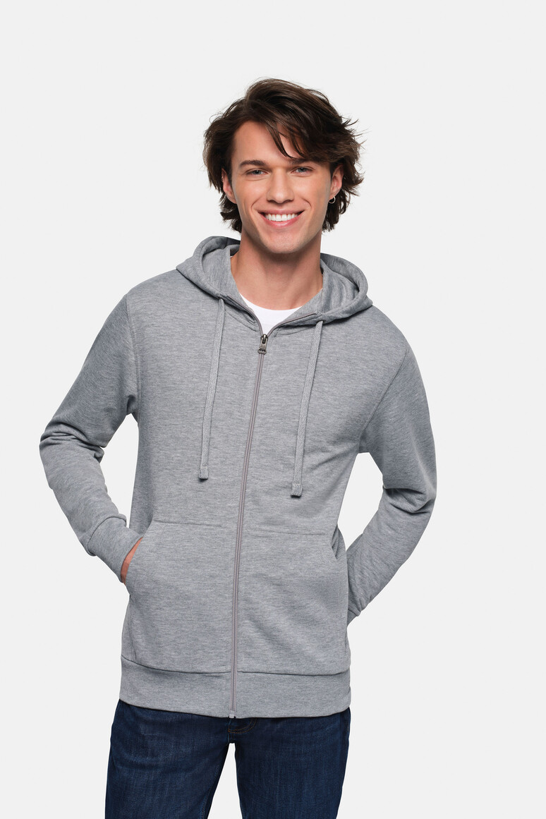 HAKRO 605 Kapuzen-Sweatjacke Premium in Grau Meliert – Modellansicht