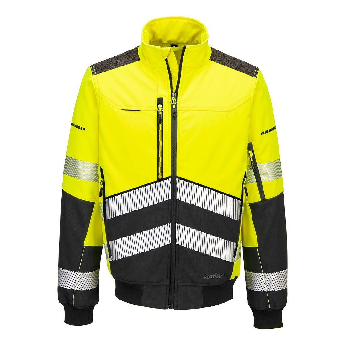 Portwest EV4 Hi-Vis Softshell Bomber (3L) in Gelb/Schwarz – Vorderansicht