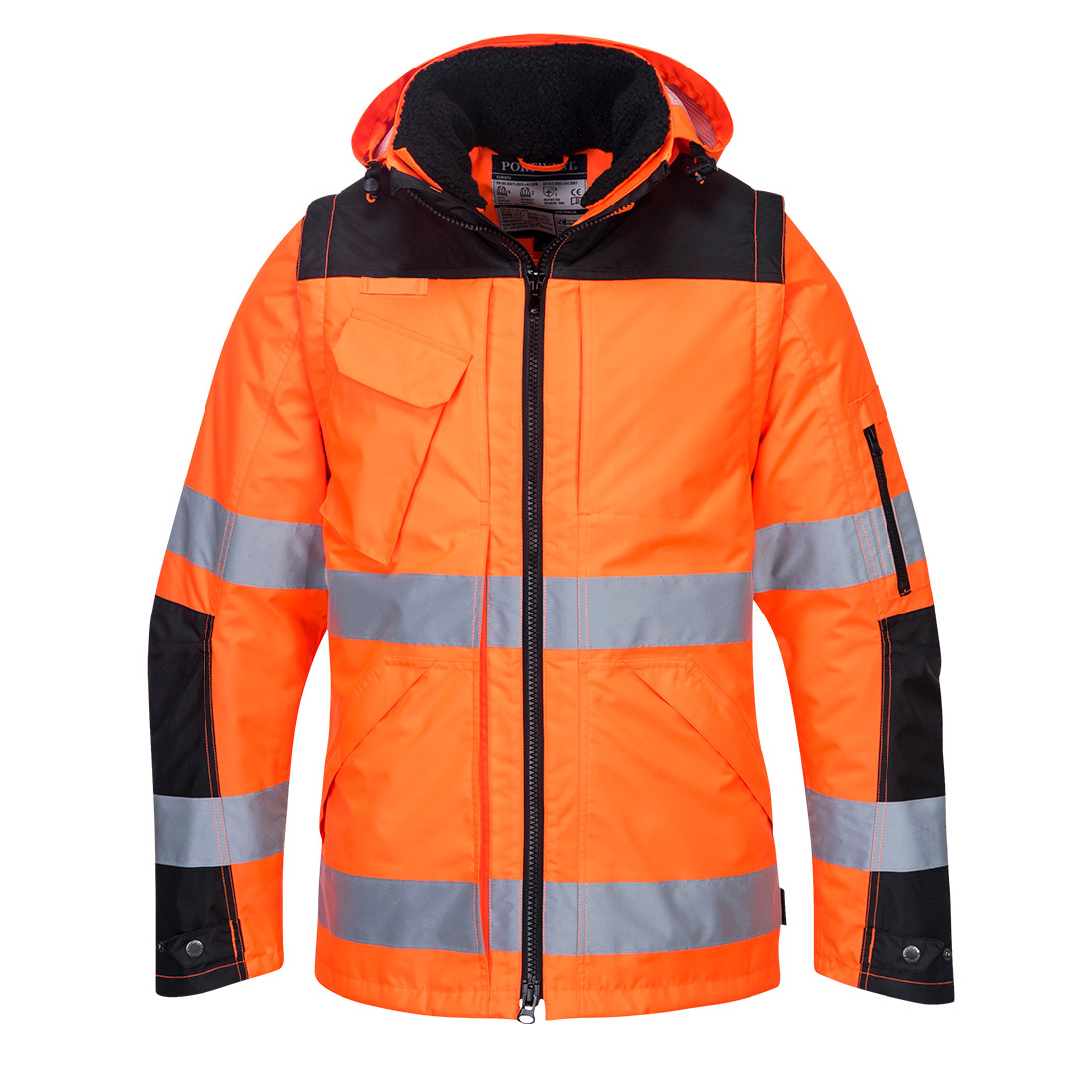 Portwest Hi-Vis 3-in-1 Contrast Winter Pro Jacket in Orange/Schwarz – Vorderansicht