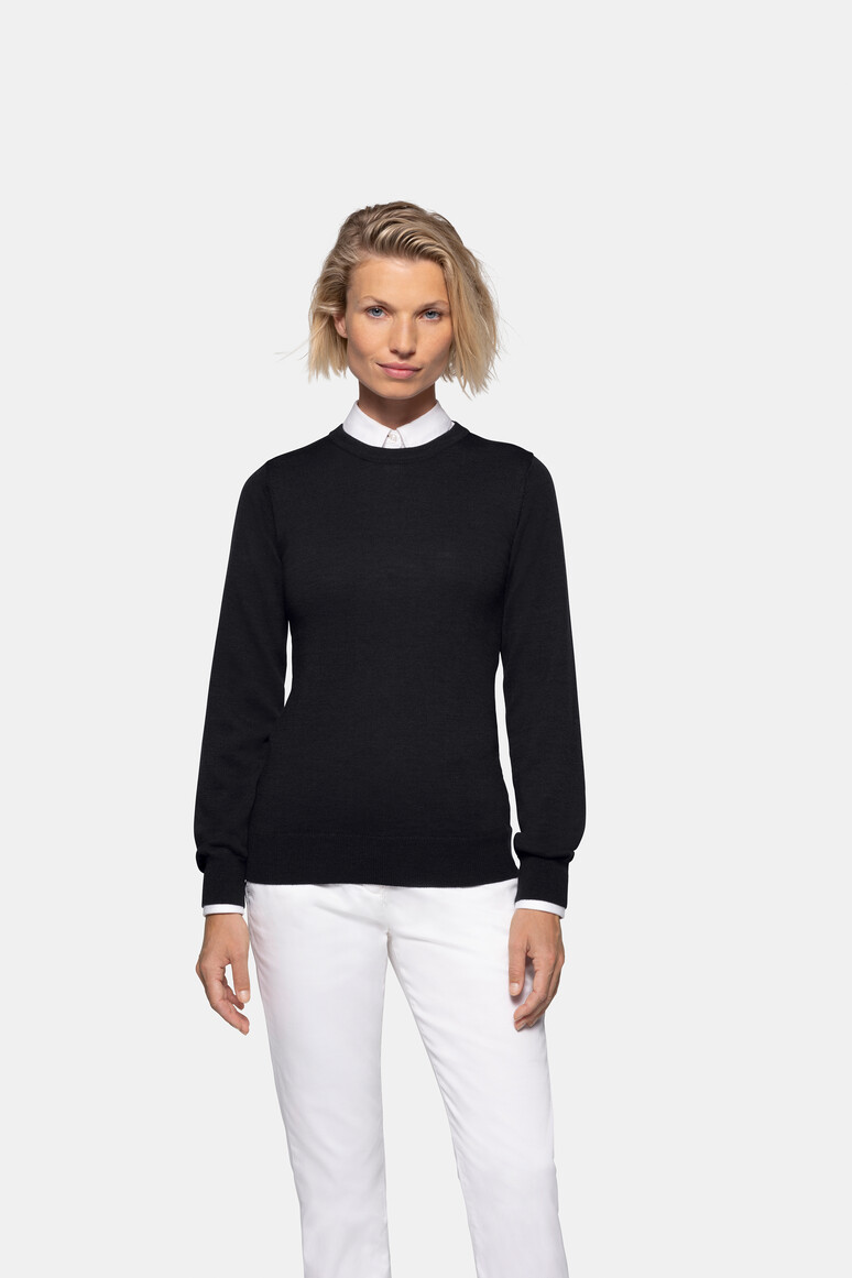 HAKRO 146 Damen Pullover Merino-Wolle in Schwarz – Modellansicht