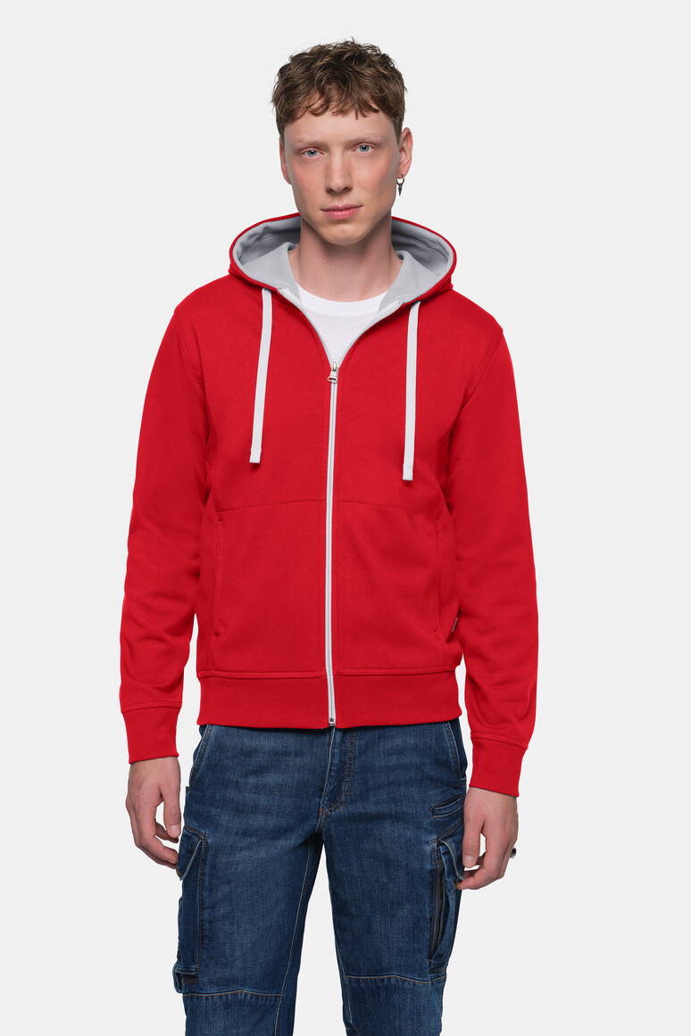 HAKRO 455 Kapuzenjacke Bonded ECO in Rot/Silber – Modellansicht