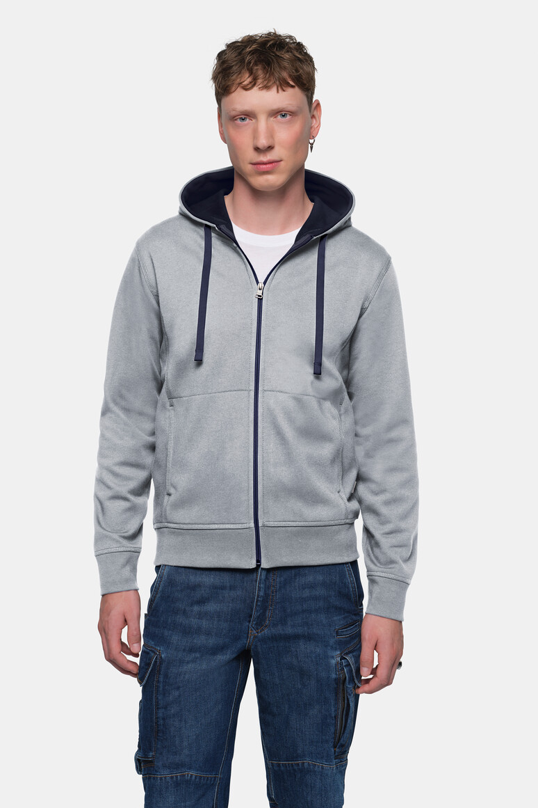 HAKRO 455 Kapuzenjacke Bonded ECO in Grau Meliert/Tinte – Modellansicht