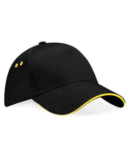 Beechfield Ultimate 5 Panel Cap - Sandwich Peak in Black/Yellow – Vorderansicht