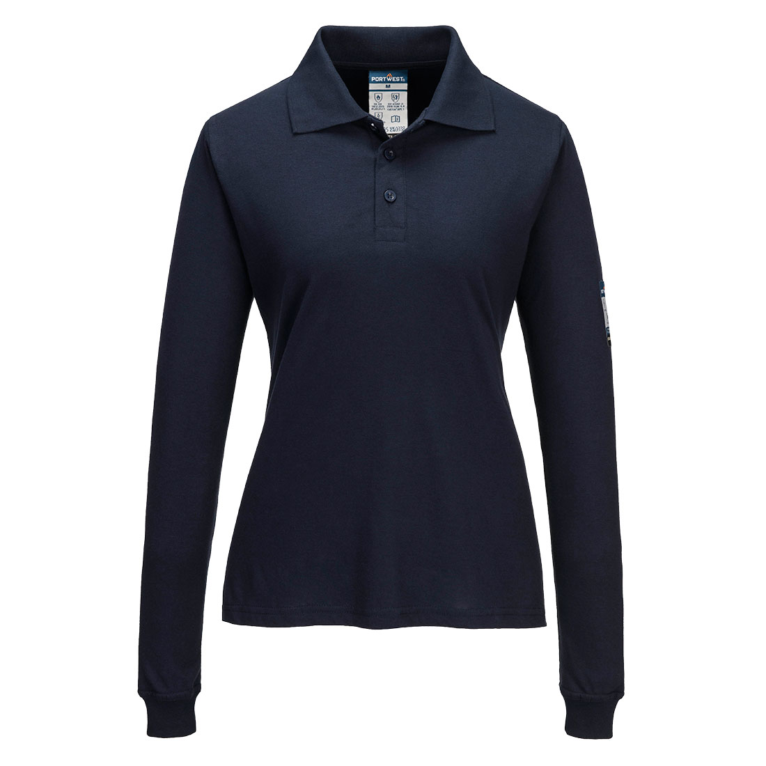 Portwest Modaflame Knit FR Women's Long Sleeve Polo Shirt in Marine – Vorderansicht