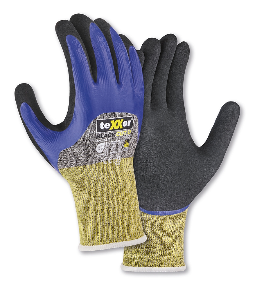teXXor® Schnittschutz-Strickhs. BLACK CUT® D 3/4 besch. in Grau-Meliert/Blau/Gelb/Schwarz – Vorderansicht