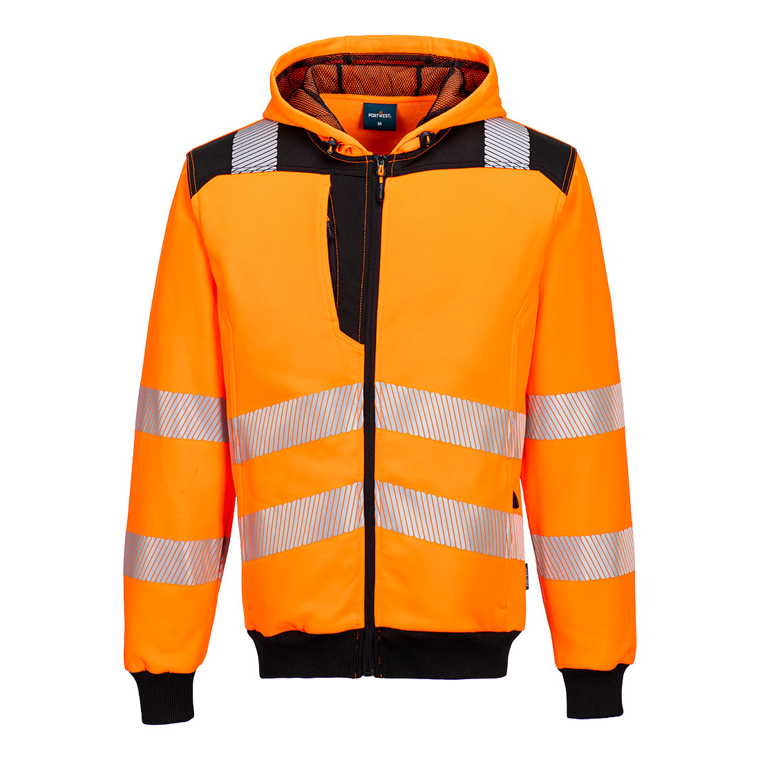 Portwest PW3 Hi-Vis Zip Hoodie in Orange/Schwarz – Vorderansicht
