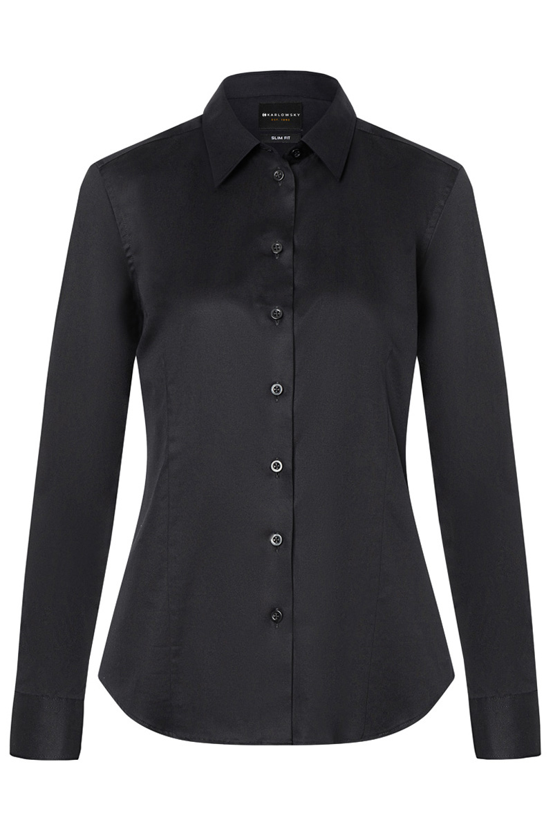 Karlowsky Langarm Damenbluse Active-Stretch in Slim-Fit in Schwarz – Vorderansicht