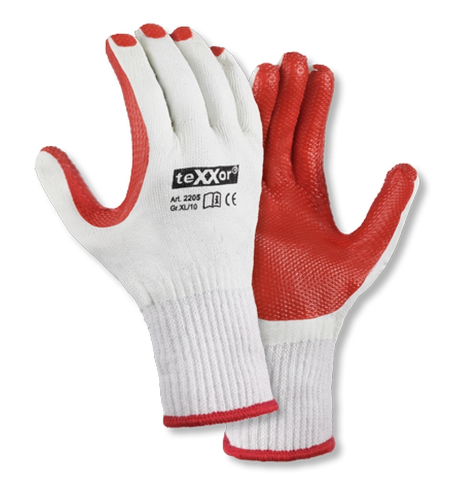 teXXor® Universalhandschuhe LATEXBESCHICHTET in Natur/Rot – Vorderansicht