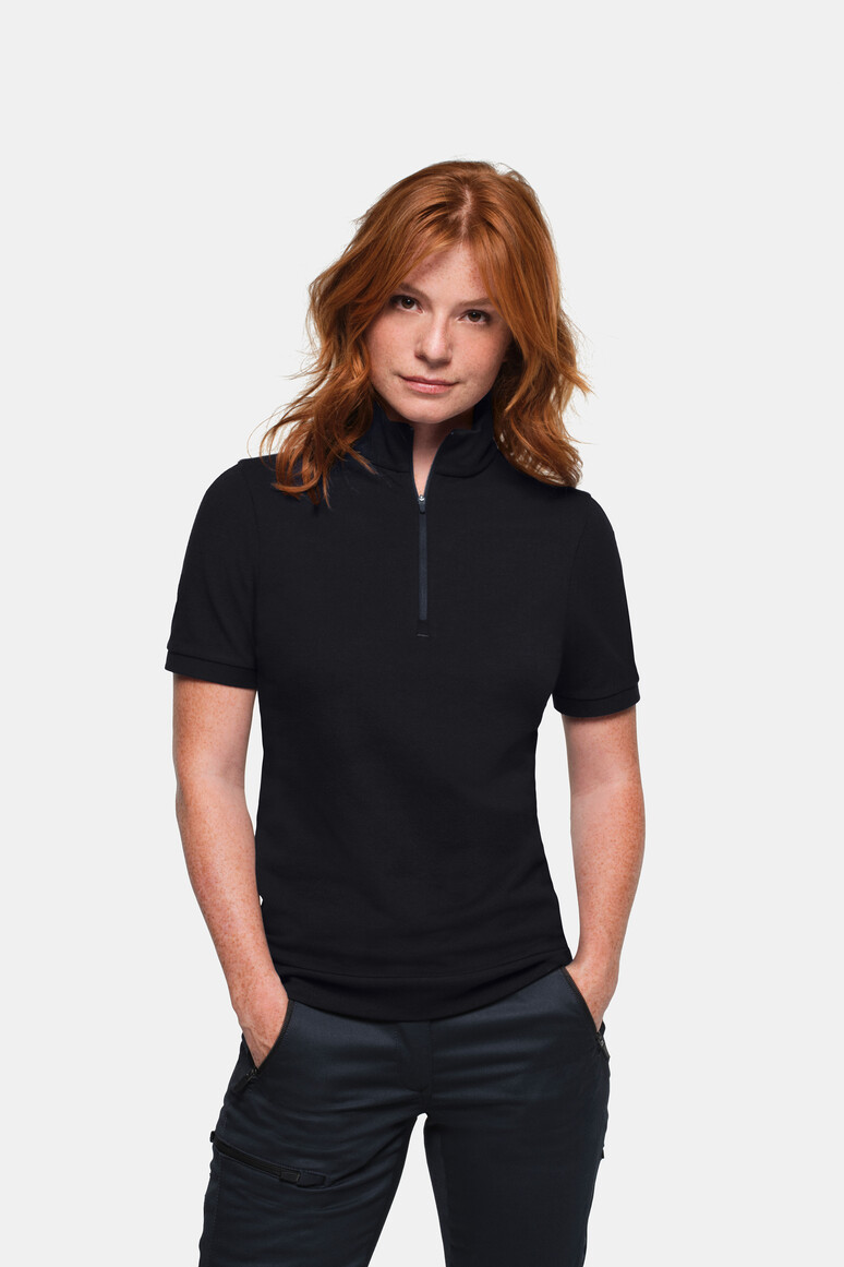 HAKRO 334 Damen Zip-Shirt Piqué MIKRALINAR® ECO in Schwarz – Modellansicht