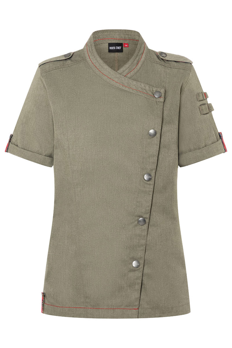 Kurzarm Damenkochjacke Denim-Style ROCK CHEF®-Stage2 in Vintage Moss Green – Vorderansicht