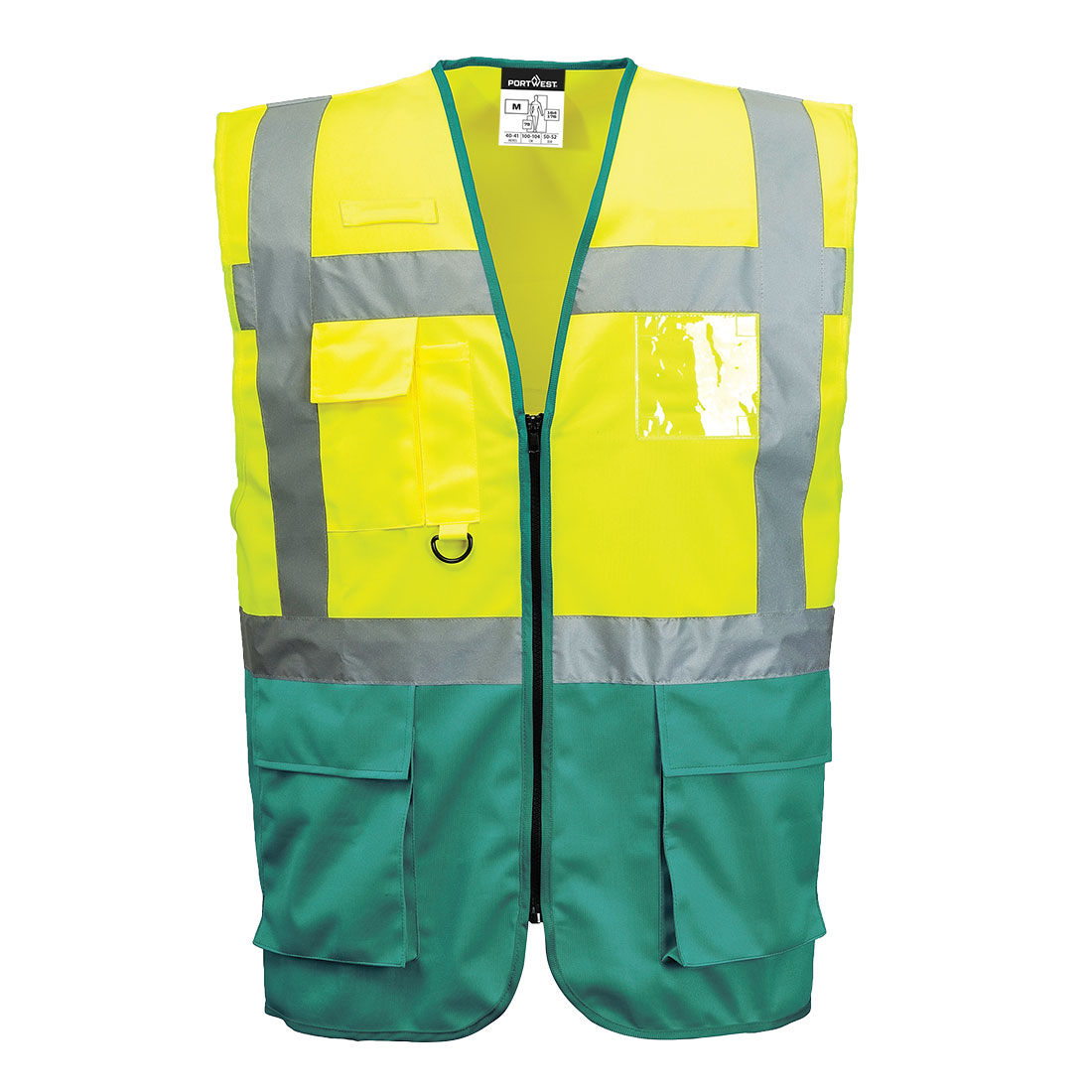Portwest Warsaw Hi-Vis Contrast Executive Vest in Gelb/Grün – Vorderansicht