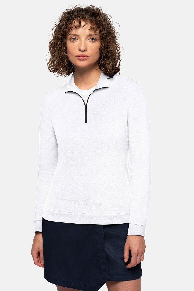 HAKRO 335 Damen Zip-Longsleeve Piqué MIKRALINAR® ECO in Weiß – Modellansicht