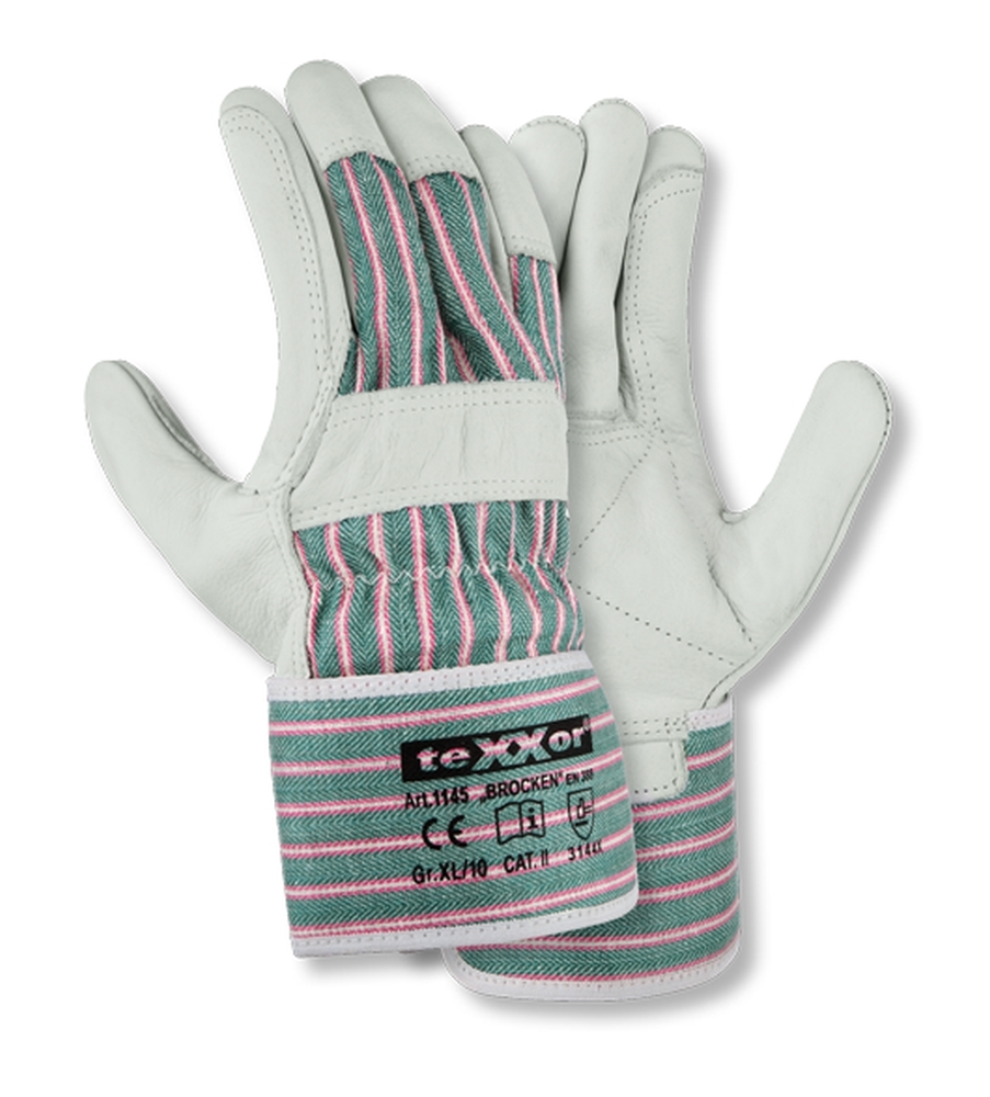teXXor® Rindvollleder-Handschuhe BROCKEN in Leder Natur, Drell Grün/Rot – Vorderansicht