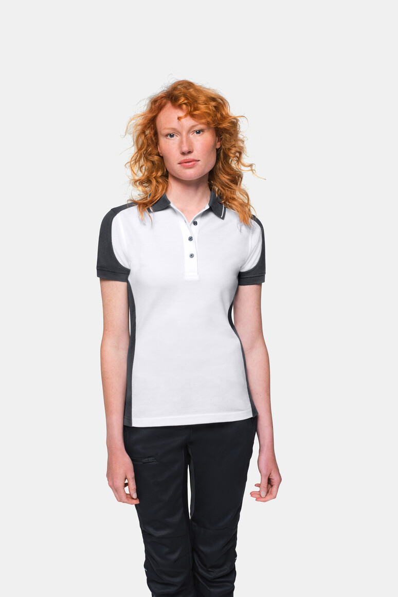 HAKRO 239 Damen Poloshirt Contrast MIKRALINAR® in Weiß/Anthrazit – Modellansicht