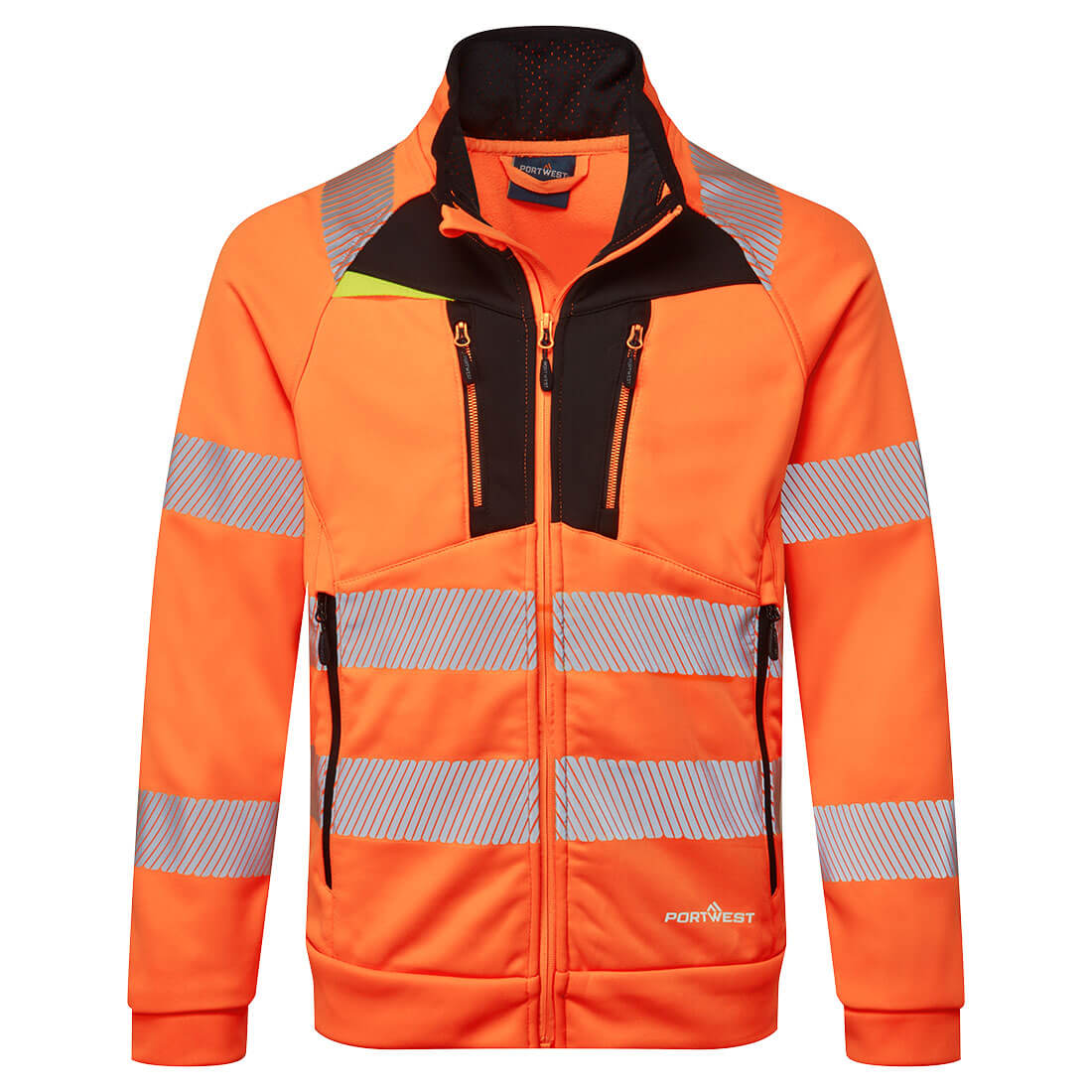 Portwest DX4 Hi-Vis Funnel Neck Zipped Sweatshirt in Orange/Schwarz – Vorderansicht