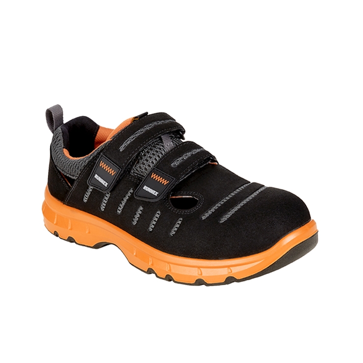 RUNNEX® S1PS-ESD-Sicherheitsklettsandalen FlexStar in Schwarz/Orange – Vorderansicht