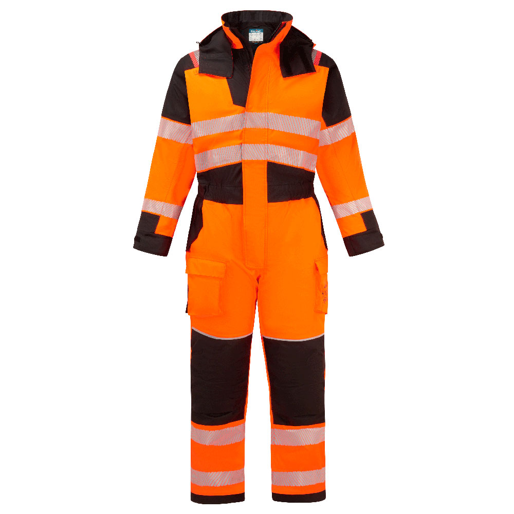 Portwest PW3 Modaflame Rain+ Hi-Vis Multi-Norm FR Winter Coverall in Orange/Schwarz – Vorderansicht