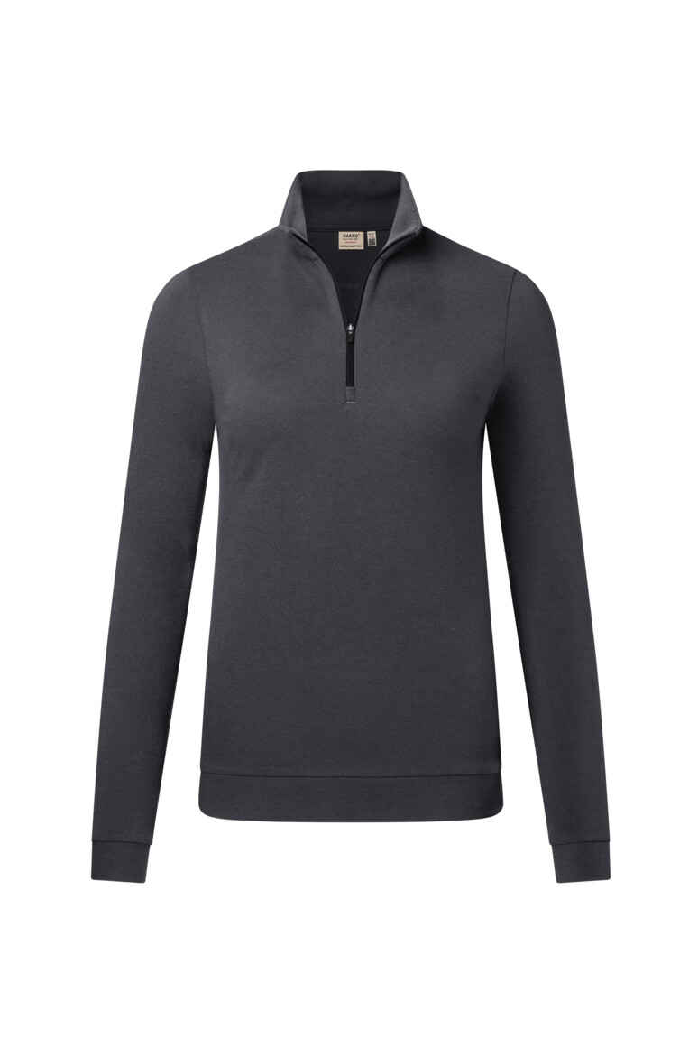 HAKRO 335 Damen Zip-Longsleeve Piqué MIKRALINAR® ECO in Karbongrau – Vorderansicht