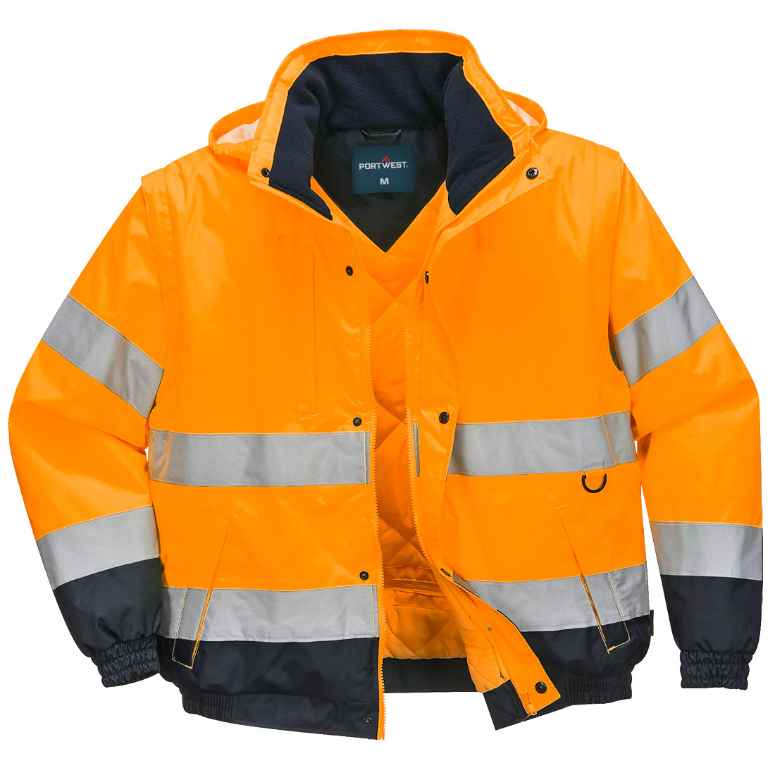Portwest Hi-Vis 2-in-1 Contrast Bomber Jacket in Orange – Vorderansicht