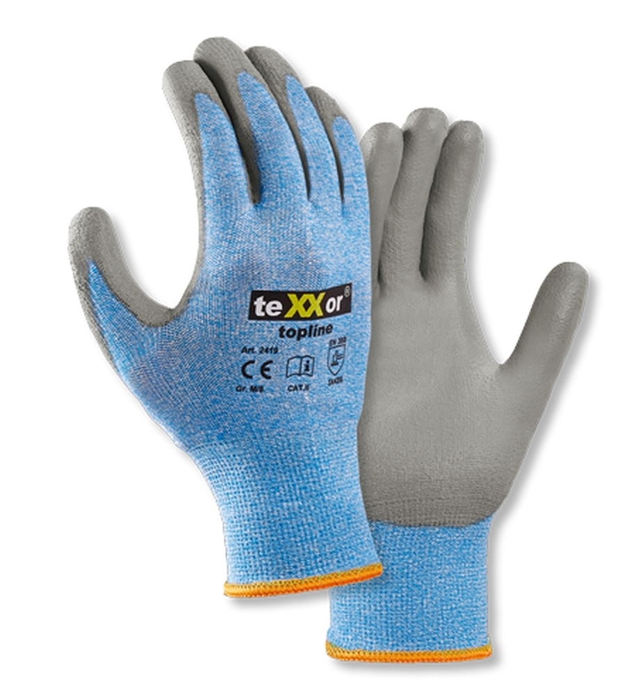 teXXor® Schnittschutz-Strickhandschuhe PU-BESCHICHTUNG in Grau/Hellblau Meliert – Vorderansicht
