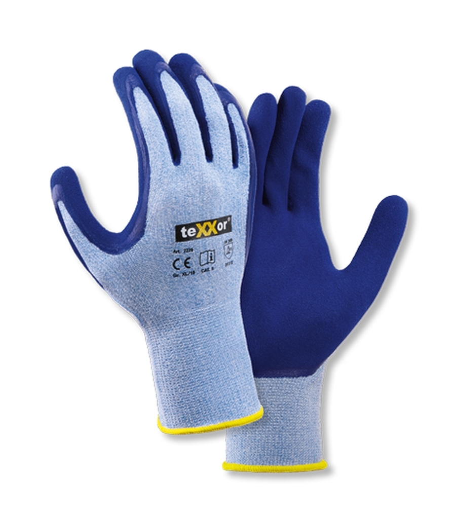 teXXor® Polyester-Strickhandschuhe LATEX in Hellblau Meliert/Mittelblau – Vorderansicht