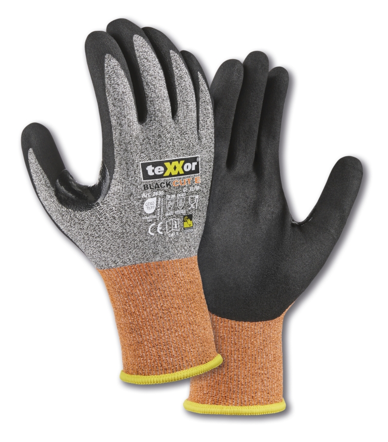 teXXor® Schnittschutz-Strickhandschuhe BLACK CUT® E in Grau-Meliert/Orange/Schwarz – Vorderansicht