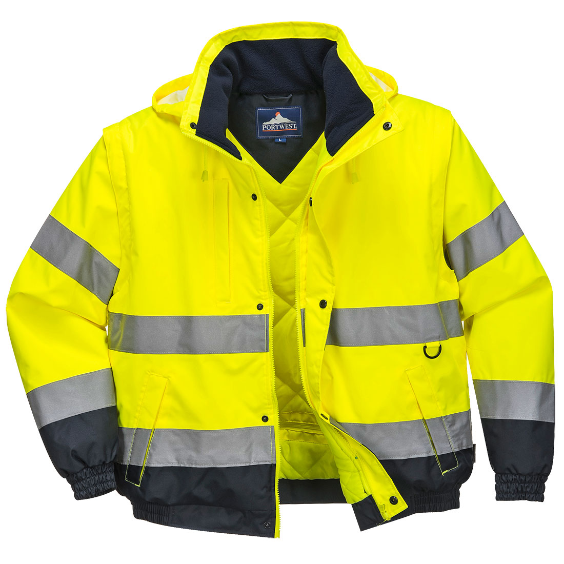 Portwest Hi-Vis 2-in-1 Contrast Bomber Jacket in Gelb – Vorderansicht