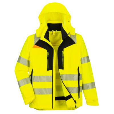 Portwest DX4 Hi-Vis 4-in-1 Jacket in Gelb/Schwarz – Vorderansicht