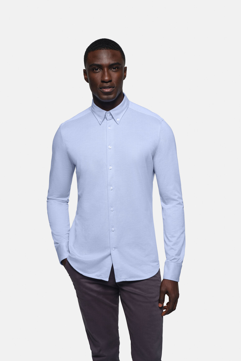 HAKRO 130 Hemd Natural Stretch Regular in Ozeanblau – Modellansicht