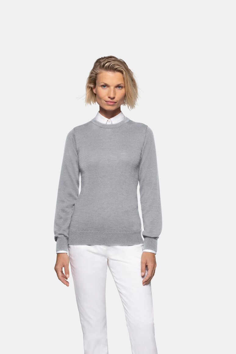 HAKRO 146 Damen Pullover Merino-Wolle in Grau Meliert – Modellansicht