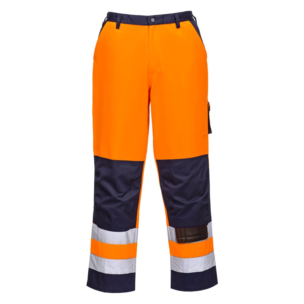Portwest Lyon Hi-Vis Contrast Work Trousers in Orange/Marine – Vorderansicht