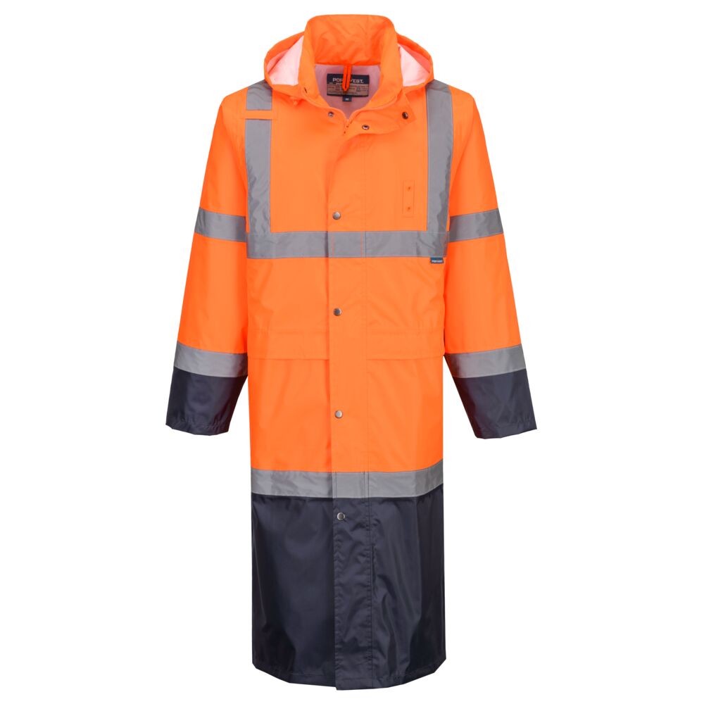 Portwest Hi-Vis Contrast Raincoat 122cm in Orange/Marine – Vorderansicht