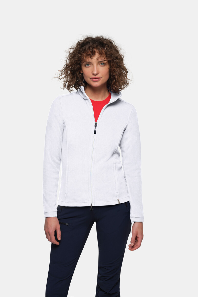 HAKRO 246 Damen Fleecejacke ECO in Weiß – Modellansicht