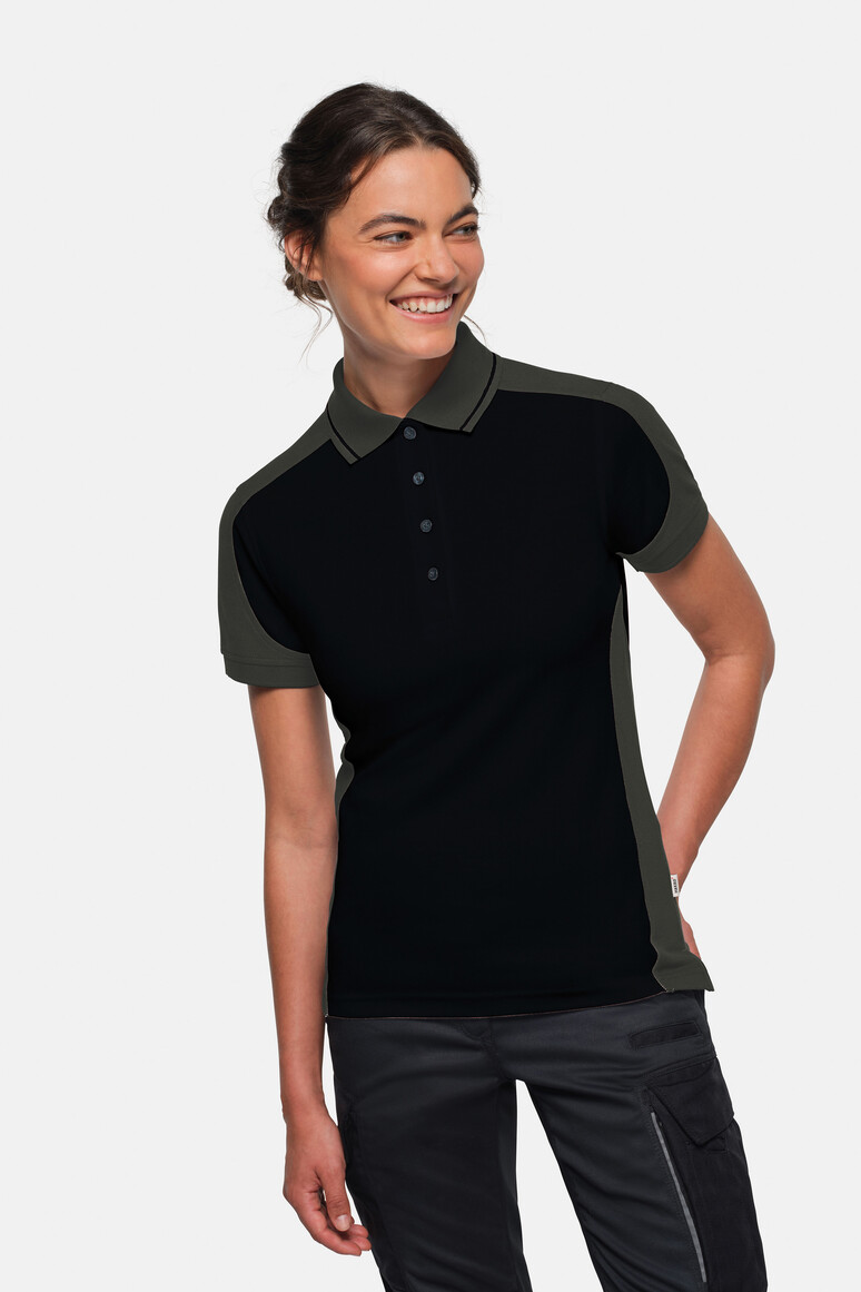 HAKRO 339 Damen Poloshirt Contrast MIKRALINAR® ECO in Schwarz/Karbongrau – Modellansicht