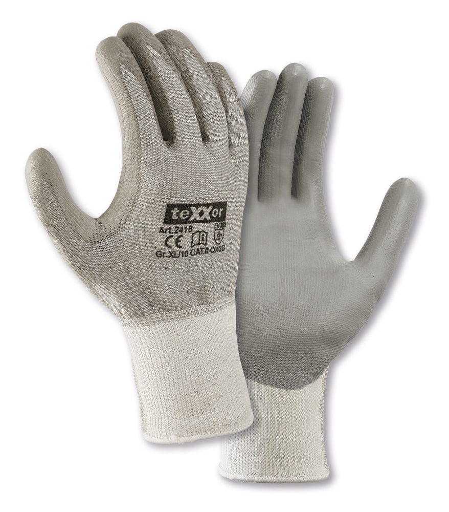 teXXor® Schnittschutz-Strickhandschuhe PU-BESCHICHTUNG in Grau/Grau – Vorderansicht