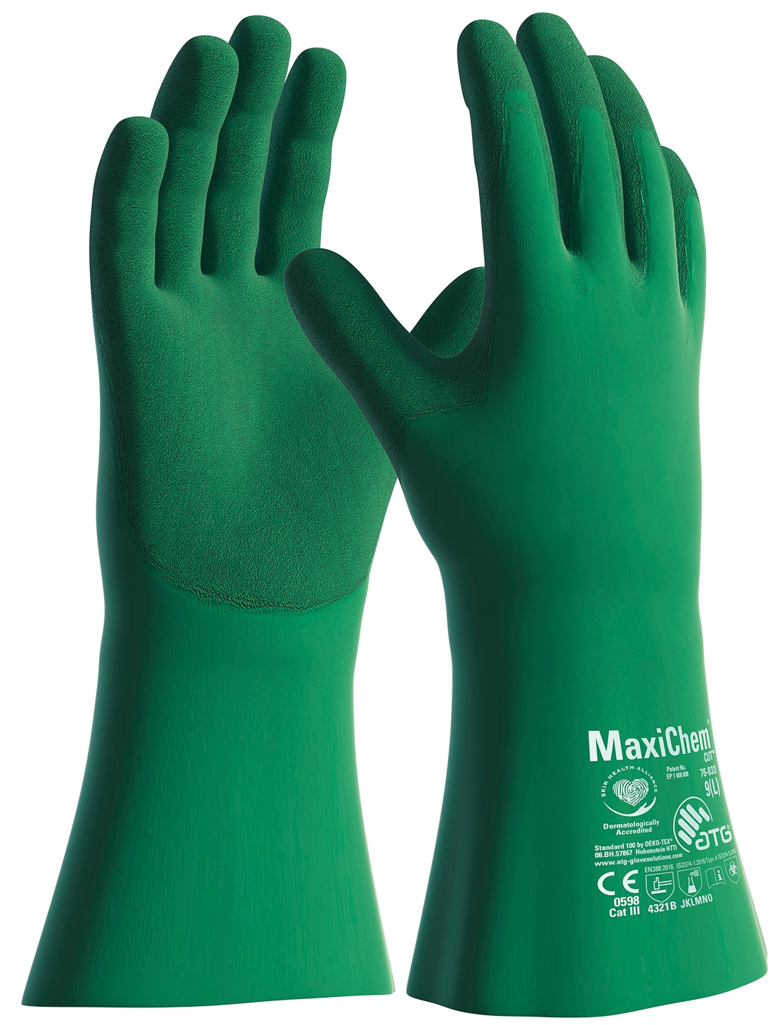 ATG® MaxiChem® Cut™ Chemikalienschutz-Handschuhe (76-833) in Grün/Grün – Vorderansicht