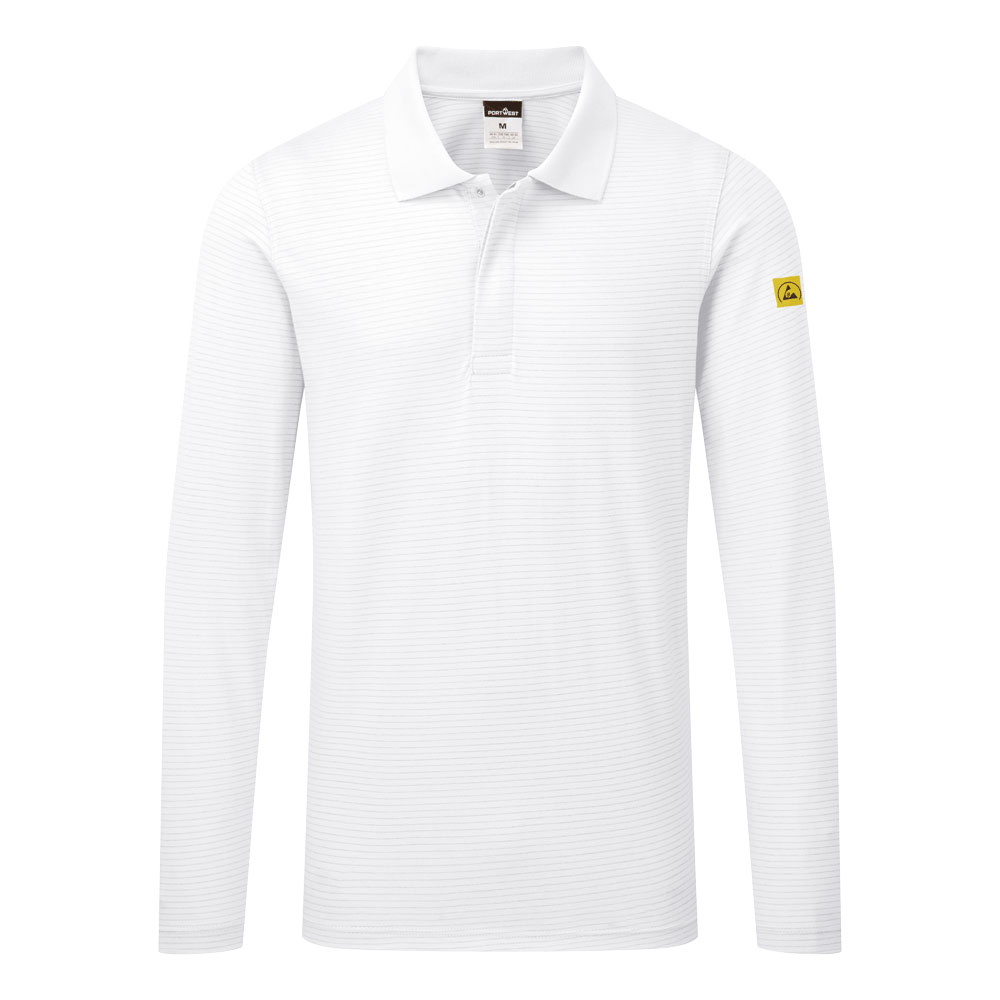 Portwest Anti-Static ESD Polo Shirt L/S in Weiß – Vorderansicht