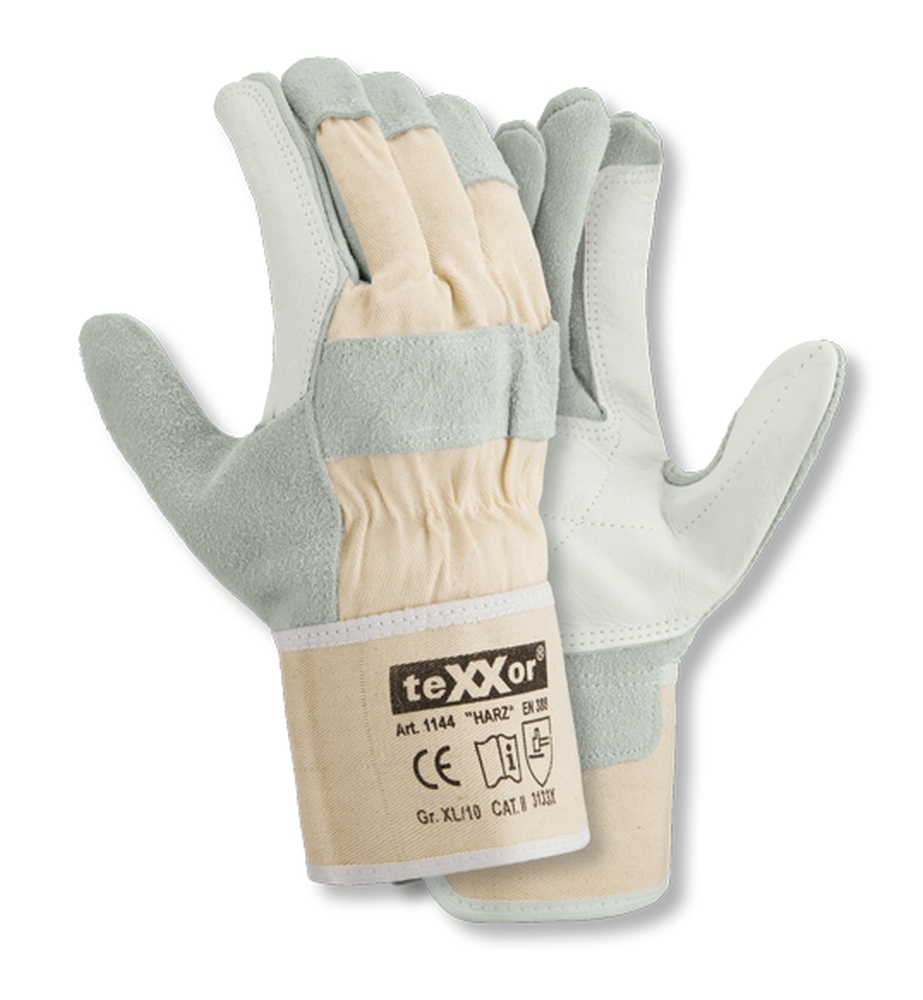 teXXor® Rindspaltleder-Handschuhe HARZ in Leder Gelb, Drell Weiß – Vorderansicht