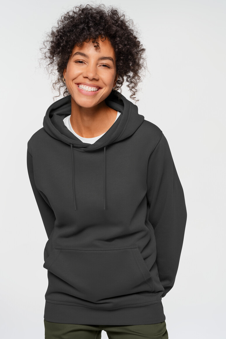 HAKRO 568 Label-Free Kapuzen-Sweat Heavy MIKRALINAR® ECO in Karbongrau – Modellansicht