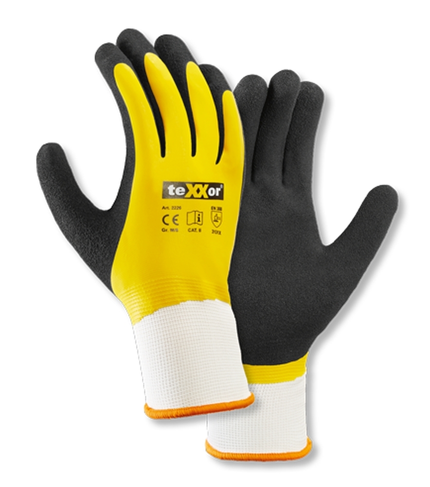 teXXor® Polyester-Strickhandschuhe LATEX GELB in Weiß/Gelb/Schwarz – Vorderansicht