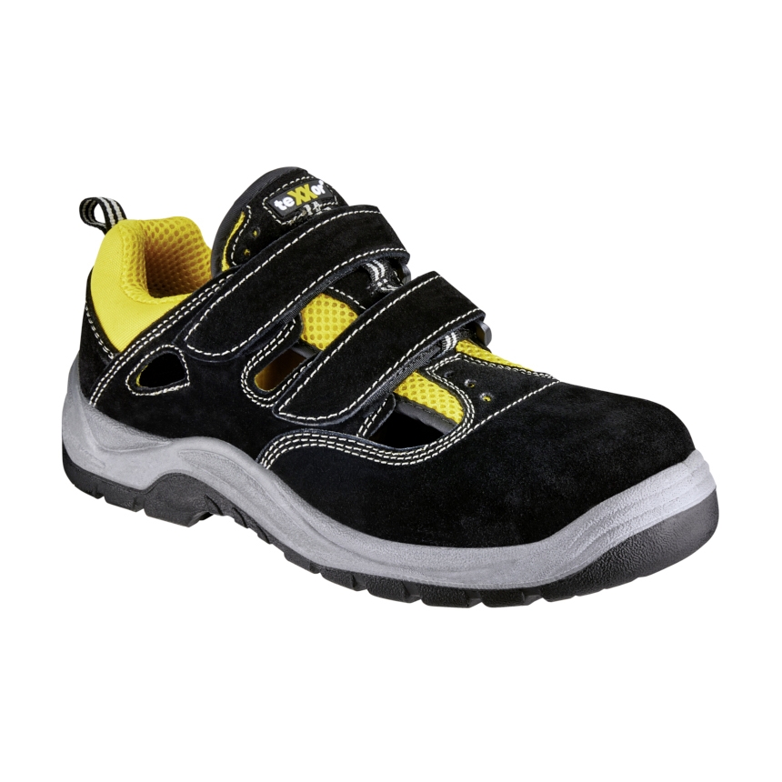 teXXor® S1-Sicherheitsklettsandalen ROMANS in Schwarz/Gelb – Vorderansicht