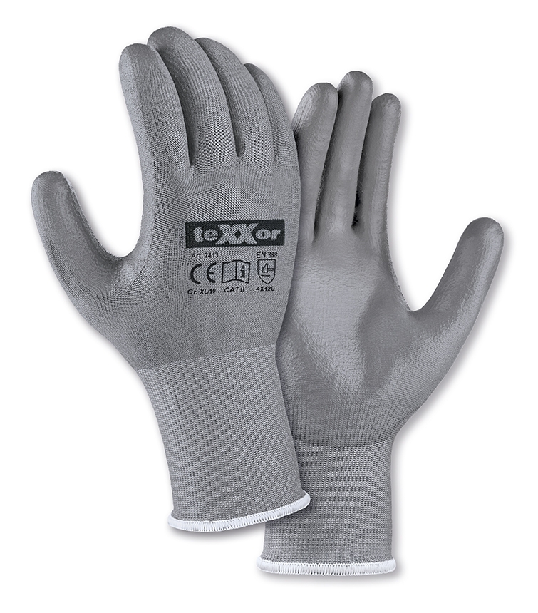 teXXor® Schnittschutz-Strickhandschuhe Cut D PU-BESCHICHTUNG in Grau/Grau – Vorderansicht