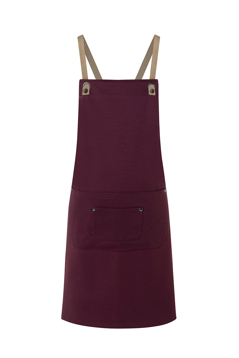 Karlowsky Latzschürze Urban-Nature mit Kreuzbändern und großer Tasche in Aubergine – Vorderansicht