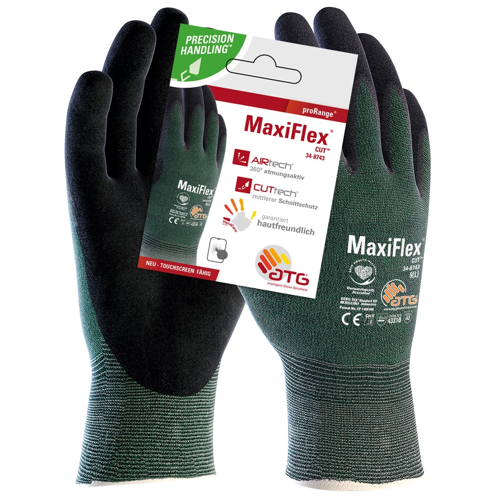 ATG® MaxiFlex® Cut™ Nylon-Strickhandschuhe (34-8743 HCT), SB-Verpackung in Grün/Schwarz – Vorderansicht