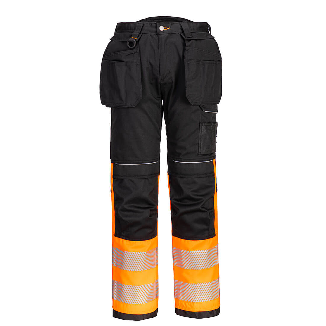 Portwest PW3 Hi-Vis Class 1 Holster Pocket Trousers in Orange/Schwarz – Vorderansicht