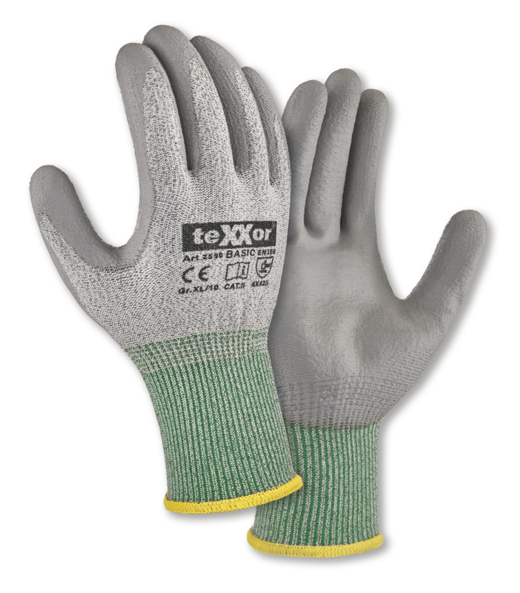 teXXor® PU-Schnittschutz-Strickhandschuhe CUT B - Basic in Grau-Meliert – Vorderansicht