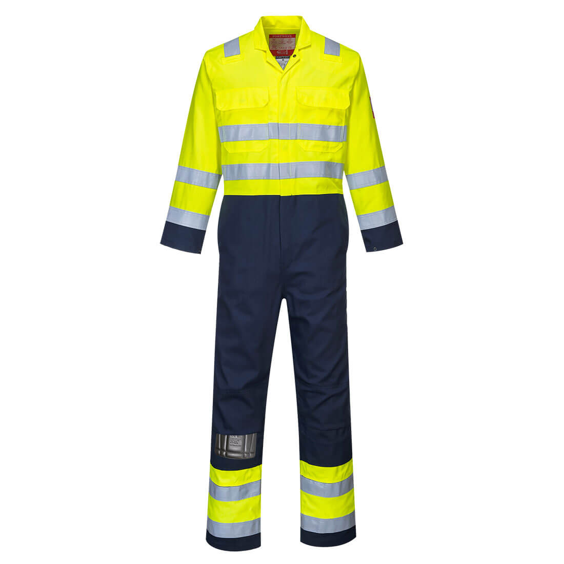 Portwest Bizflame Work Hi-Vis Contrast FR Coverall in Gelb/Marine – Vorderansicht